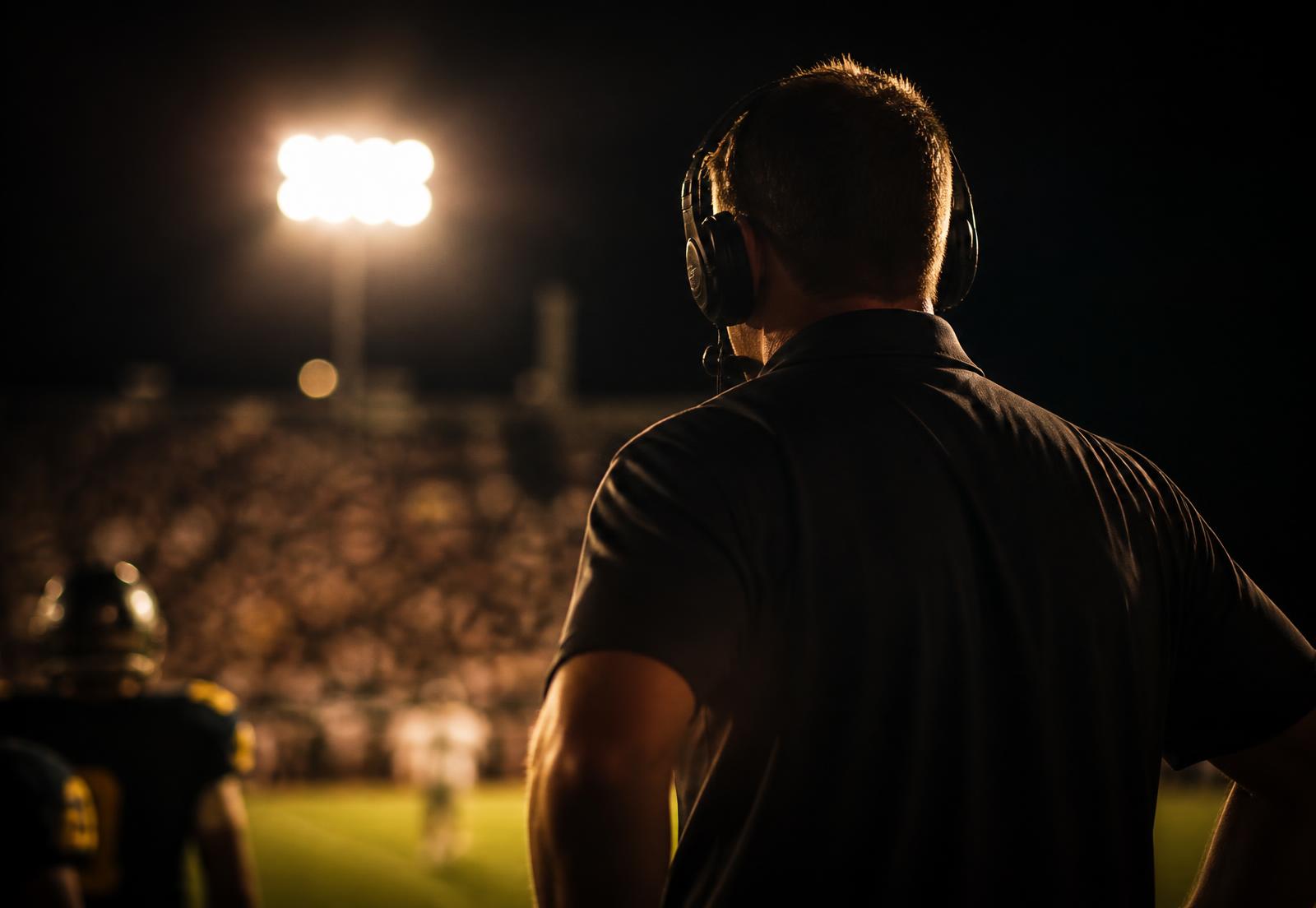 High school football coach on the sideline under the lights